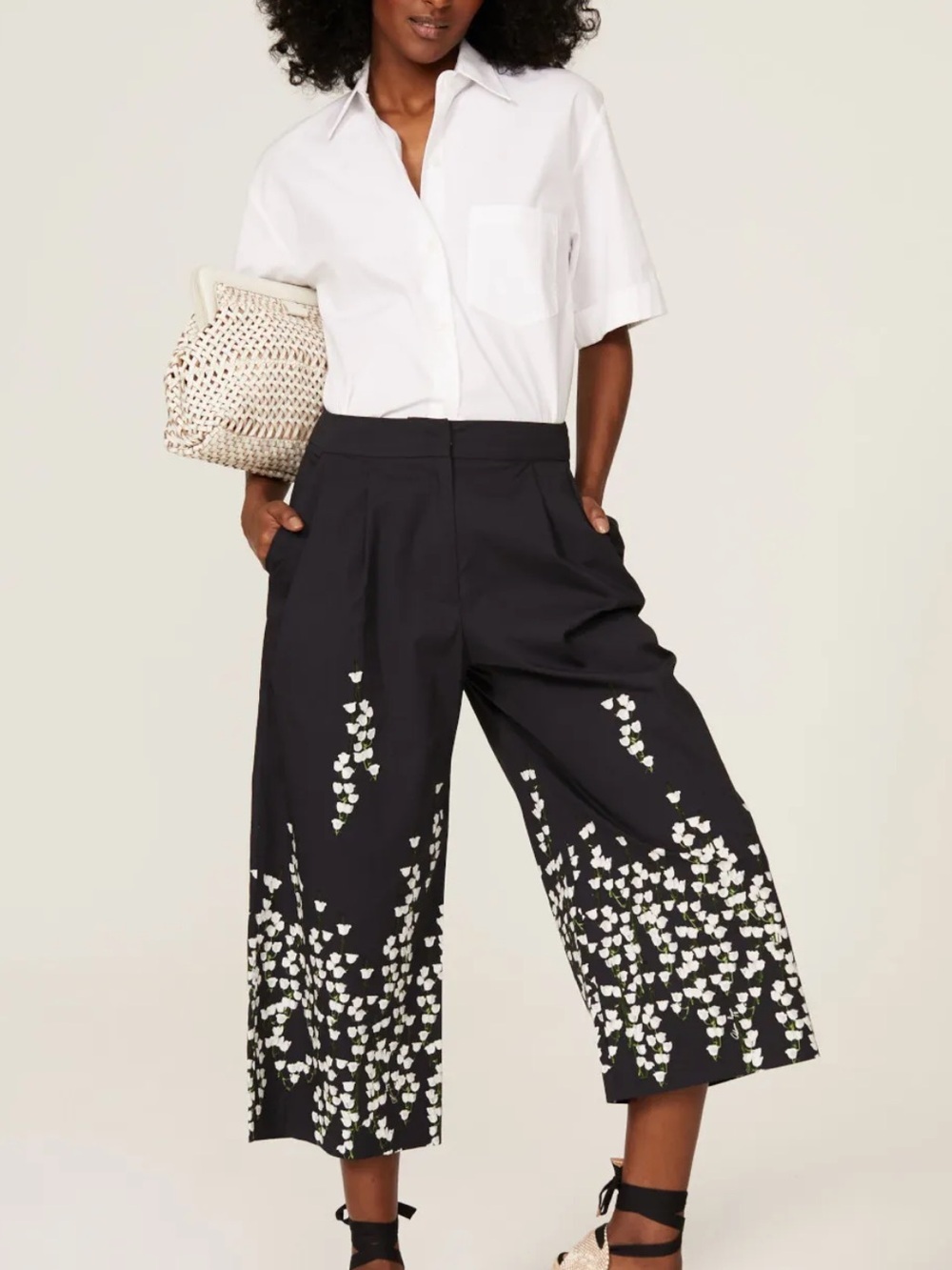 Adam Lippes Black Cropped Pleat-Front Culottes with White Petal Print Lilly’s